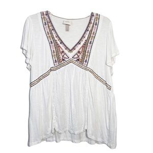 Knox Rose Blouse Womens Large White Pink Maroon Embroidered Batwing V Neck Boho